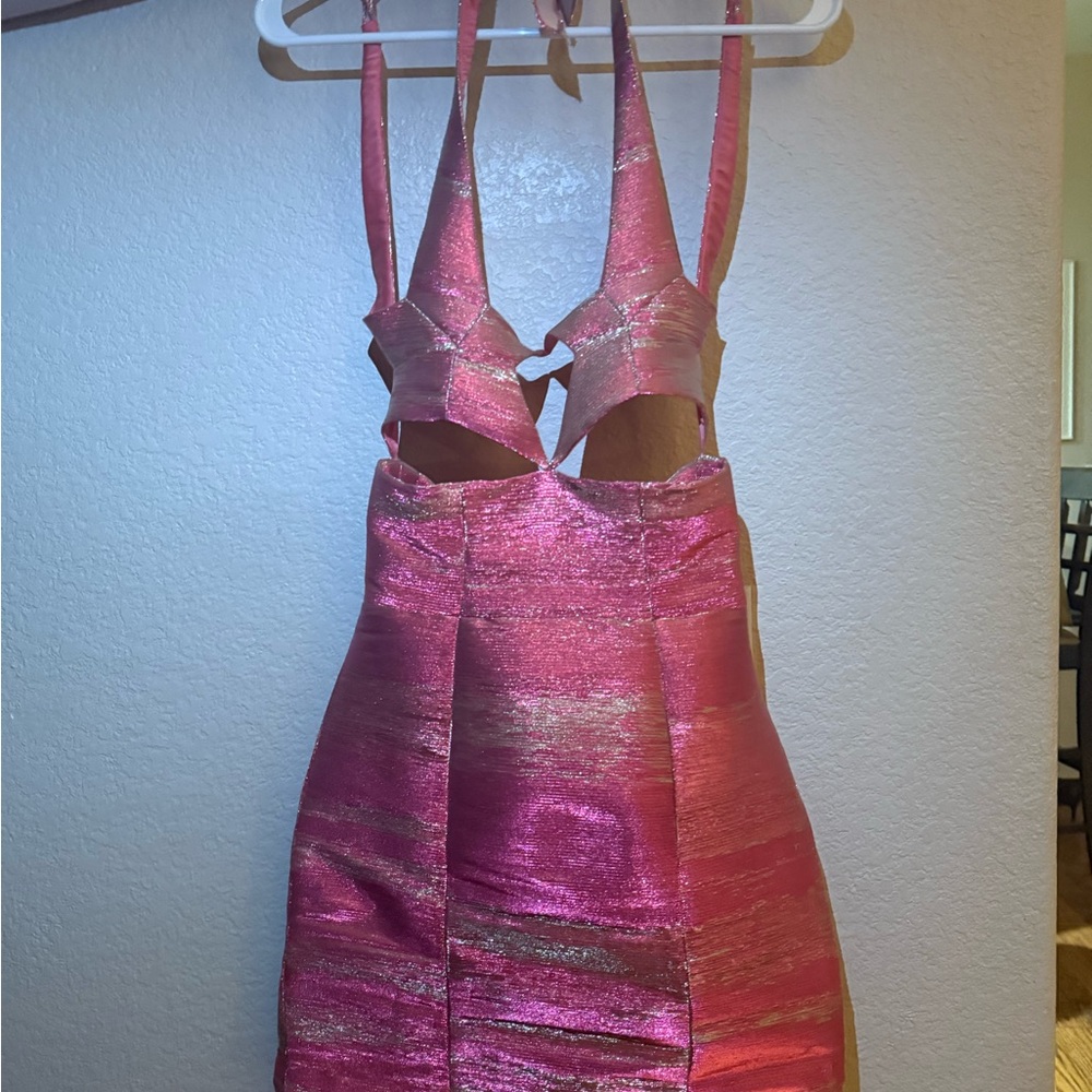 Christian Cowan Pink Metallic Cutout Halter Mini Dress - Picture 2 of 6
